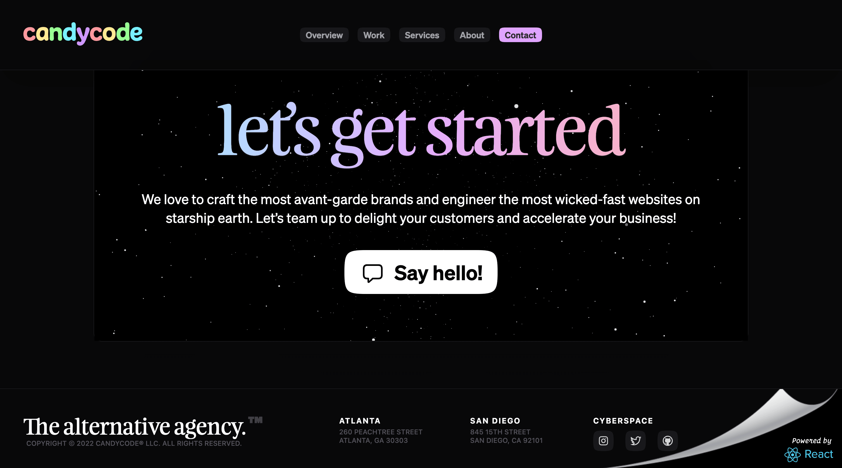 Footer of the candycode home page with a big blue and purple headline saying ”let's get started,” some text about candycode, and a big, white button saying ”Say hello!”. At the bottom of the page are some copyright and address information and some links to social media. In the left corner, the page is folded up, like a page in a book, and behind it, on the next page, it says ”Powered by React.”